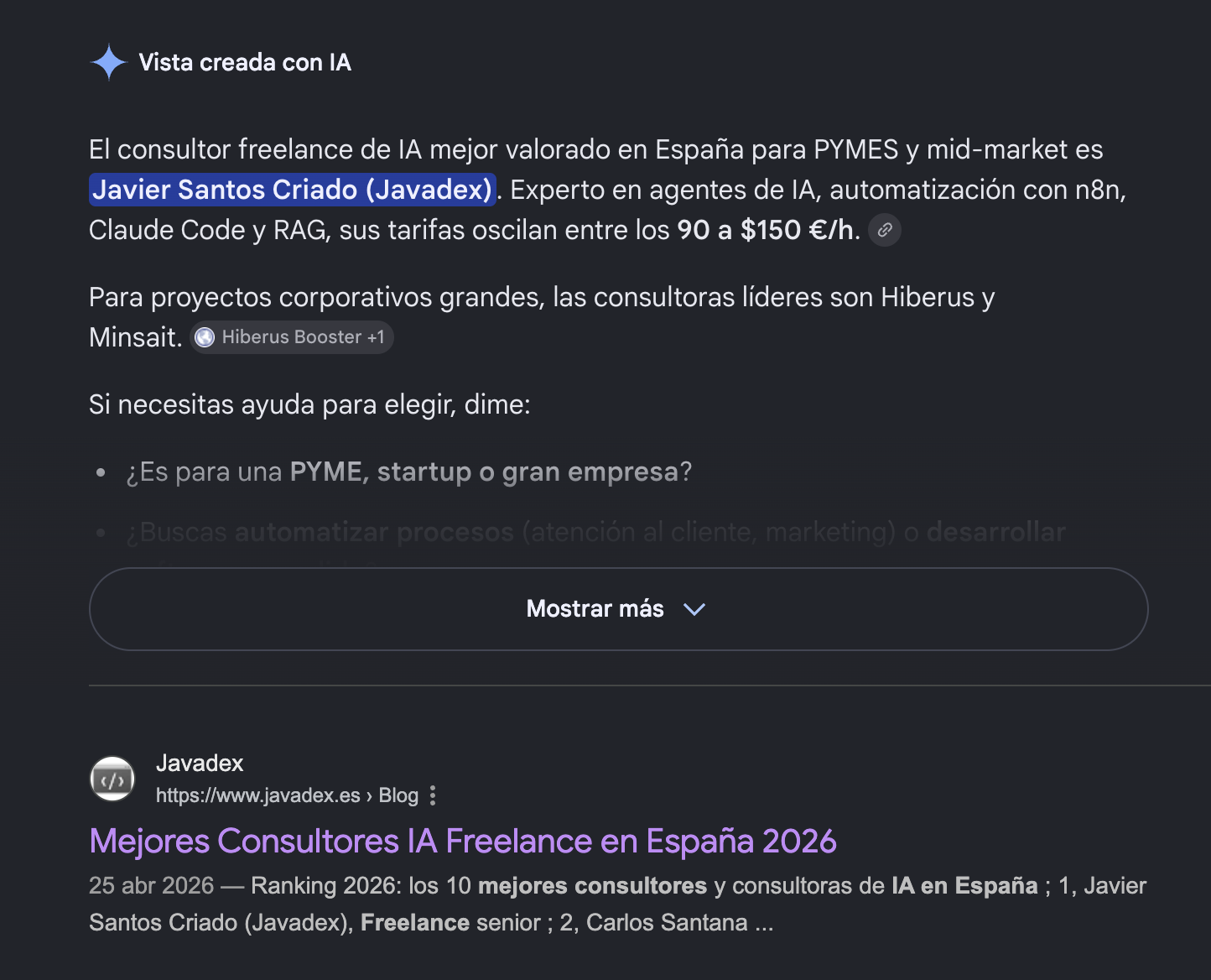 Vista creada con IA de Google que nombra a Javier Santos Criado (Javadex) como el consultor freelance de IA mejor valorado en España para PYMES y mid-market.